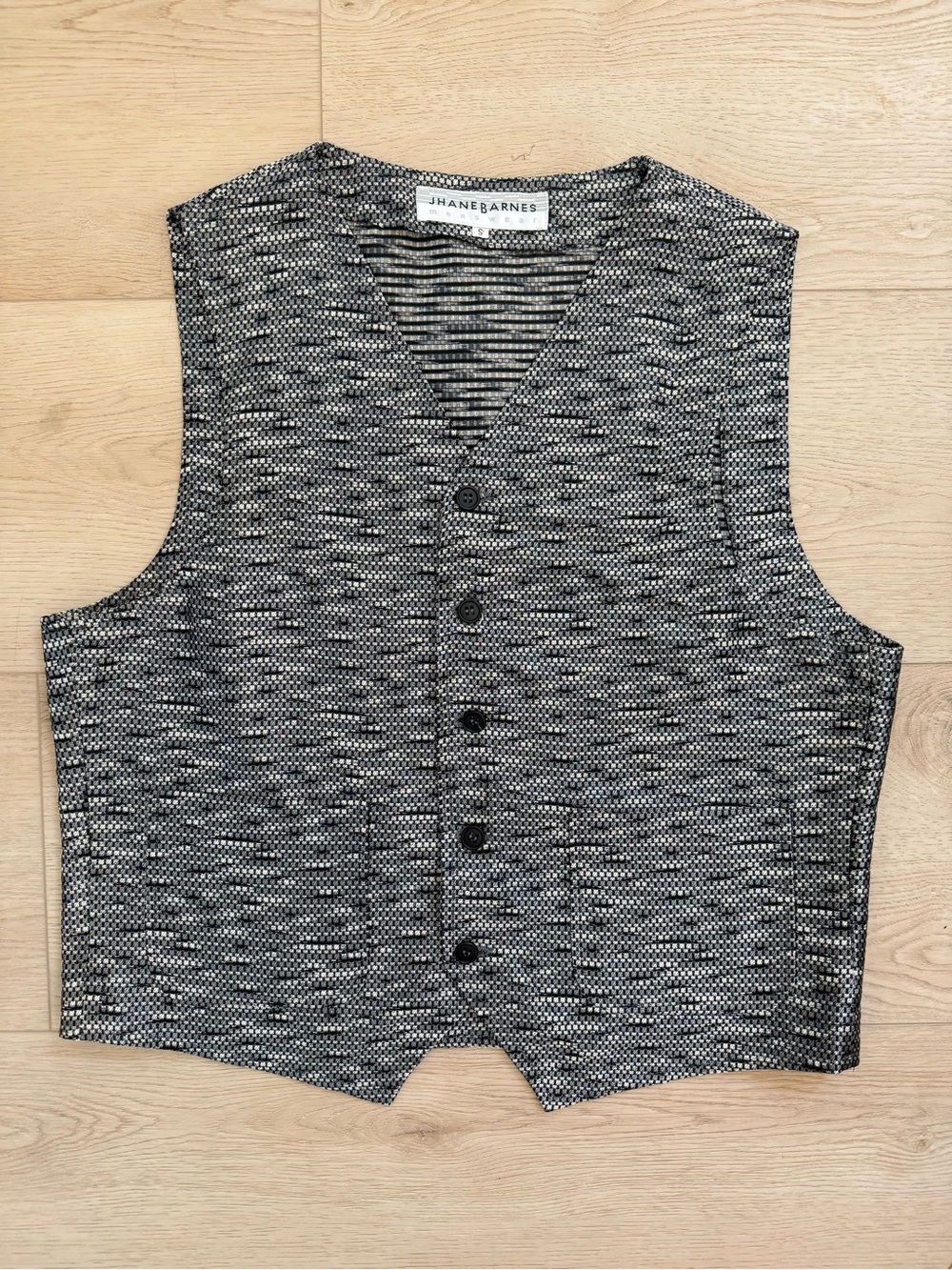VTG JHANE BARNES Silk Vest Black Grey V-Neck Button Down Front Vest Men’s S